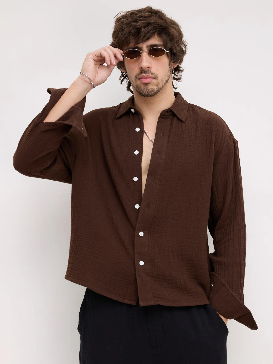 Timeless Brown Double Cloth Boxy Fit Crop Shirt