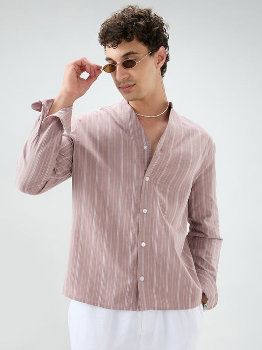 Deep Pastel Peach Striped Linen Blend Stand Collar Oversized Shirt