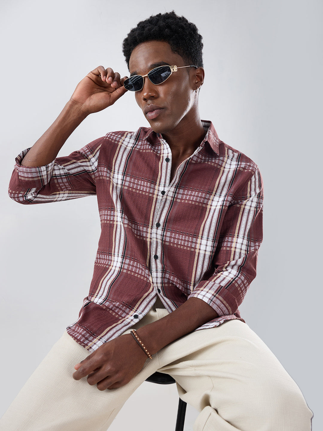Autumn Brew Soft Textured Checks Maroon Shirt