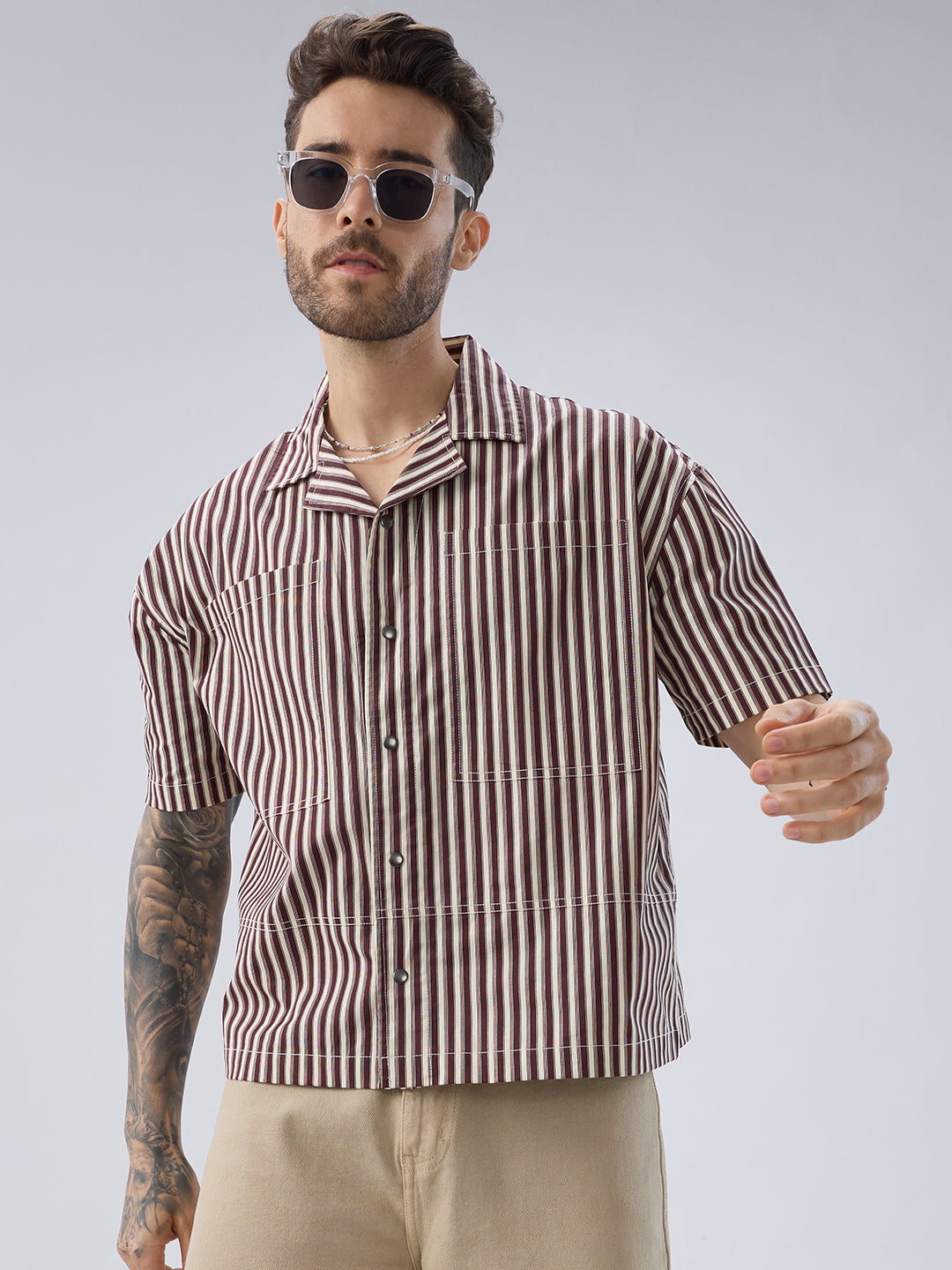 Deep Maroon & Ivory Striped Twin Pocket Oversized Crop Shirt