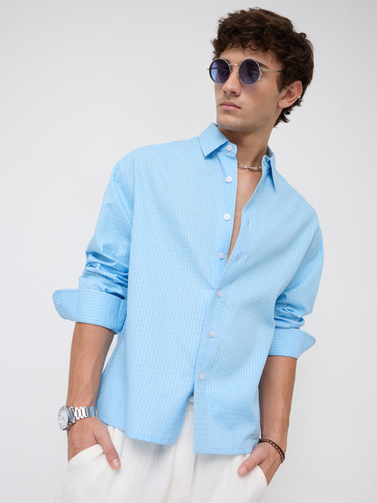 Baby Blue Textured Fine Grid Weave Boxy Fit Crop Shirt