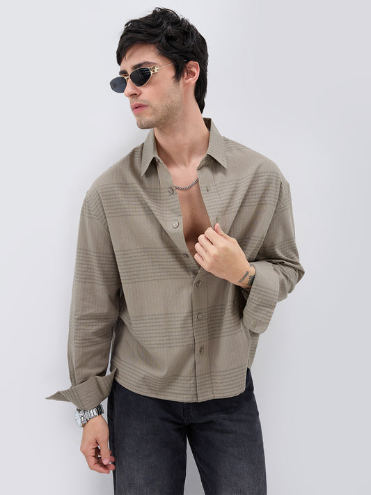 Olive Horizontal Striped Boxy Fit Crop Shirt
