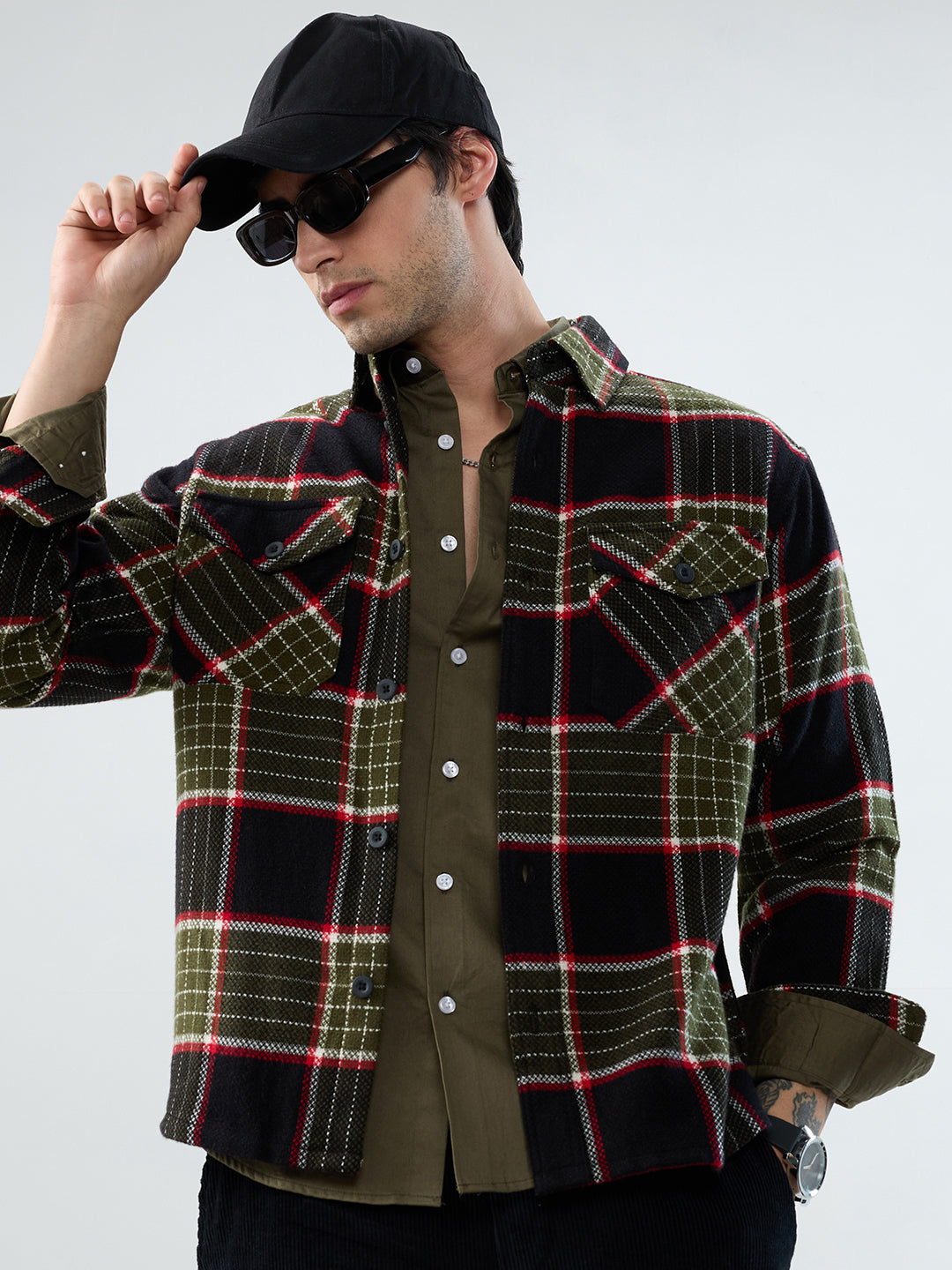 Premium Red & Olive Checks Double Pocket Flannel Shirt