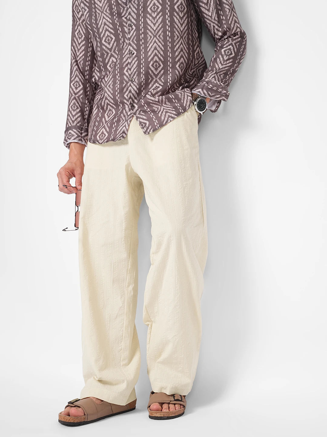 Natural Beige Seersucker Straight Fit Trousers