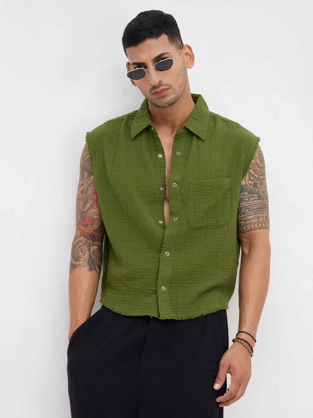 Evergreen Double Cloth Sleevless Crop Shirt