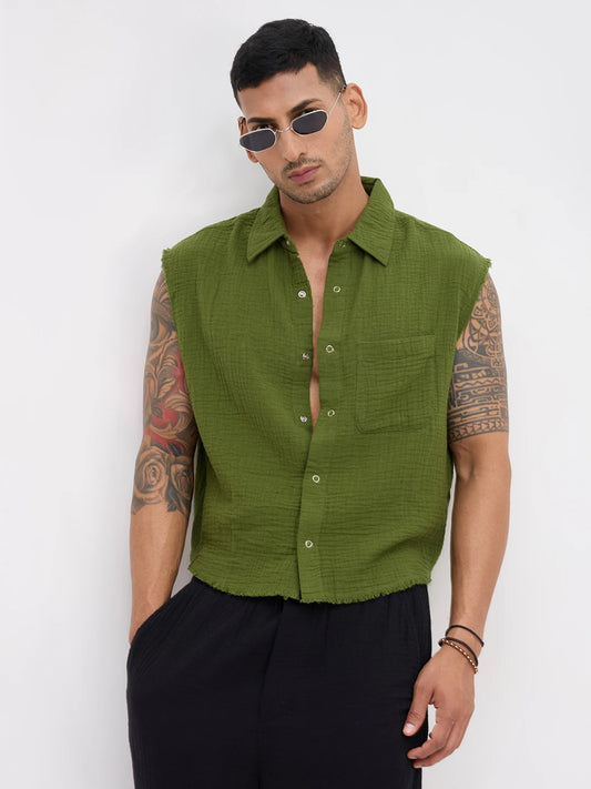 Evergreen Double Cloth Sleevless Crop Shirt