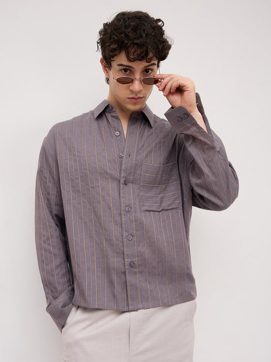 Luxe Purple & Gold Striped Linen Blend Boxy Fit Crop Shirt