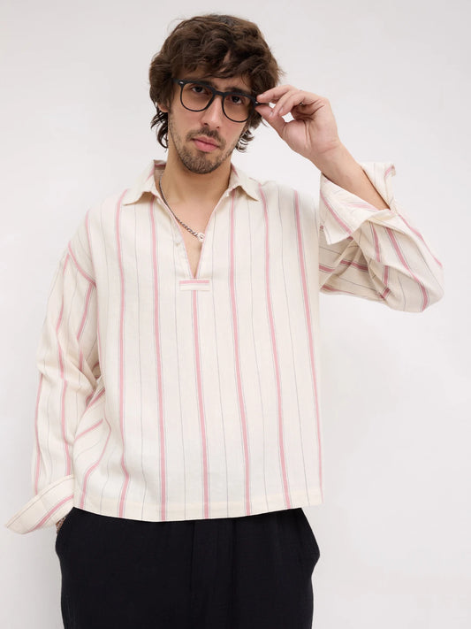 Muted Rose Pink & Ivory Multi Striped Loop Button Oversized Shirt