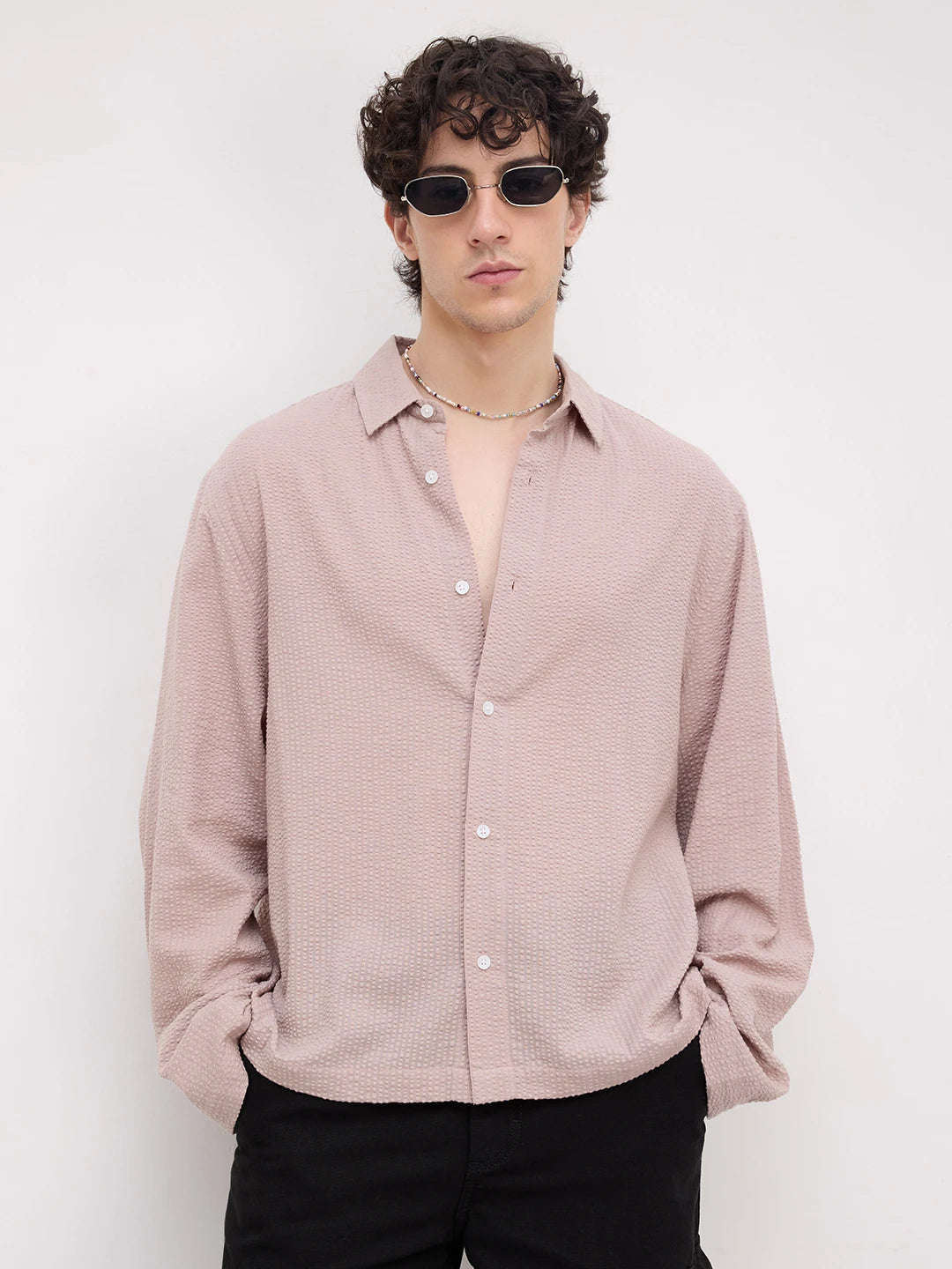 French Beige Seersucker Cuffless Oversized Crop Shirt
