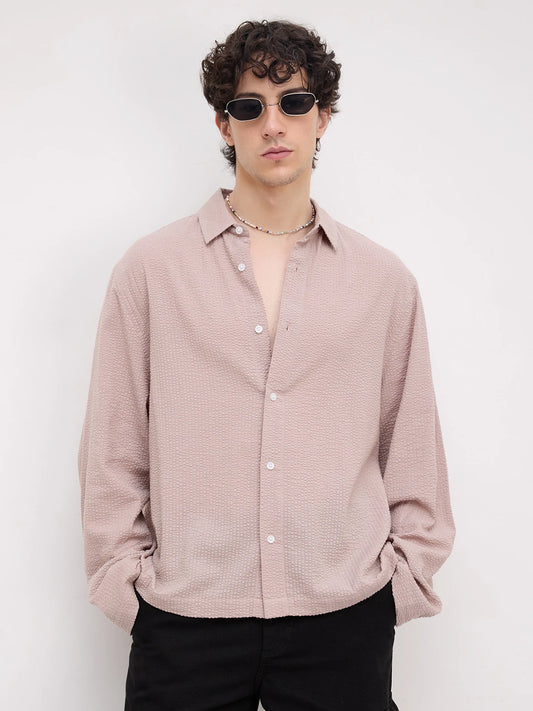 French Beige Seersucker Cuffless Oversized Crop Shirt