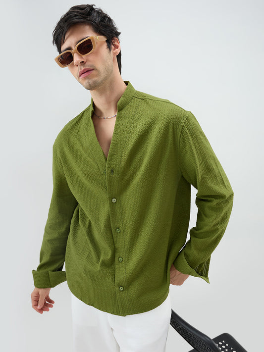 Basil Green Seersucker Striped Stand Collar Oversized Shirt