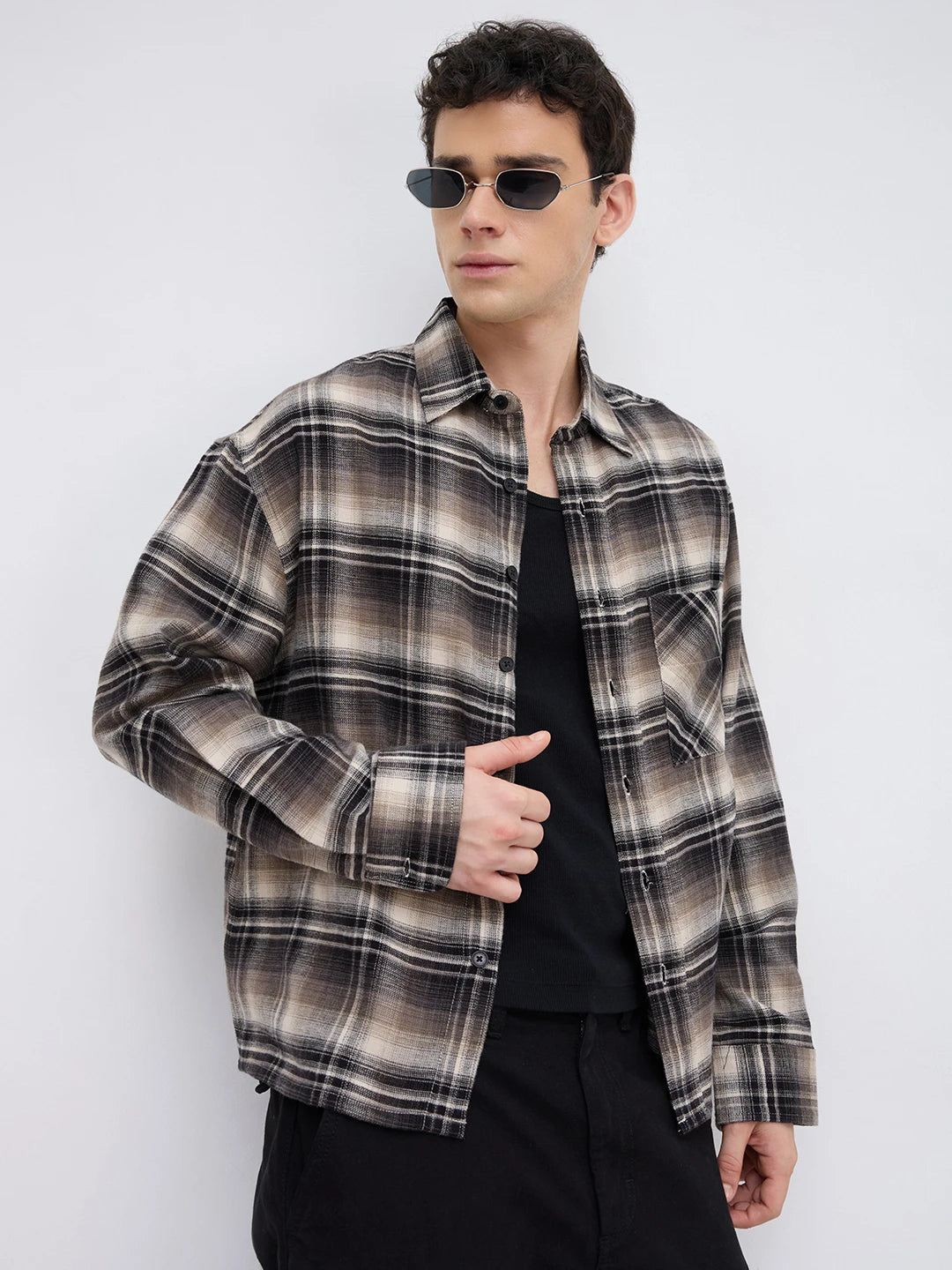 Rich Black & Brown Winter Plaid Shadow Checks Flannel Boxy Fit Crop Shirt