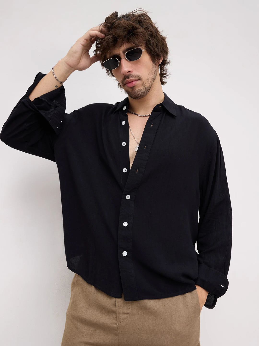 Iconic Black Crepe Textured Boxy Fit Shirt