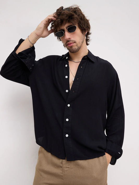 Iconic Black Crepe Textured Boxy Fit Shirt