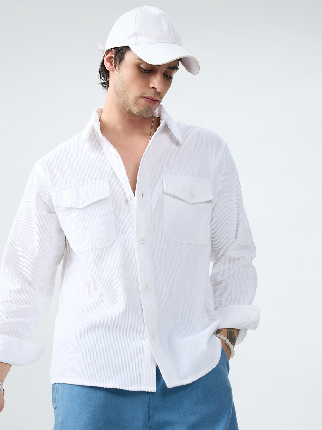 Winter White Corduroy Double Pocket Overshirt