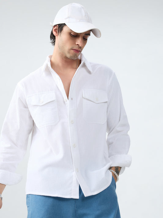 Winter White Corduroy Double Pocket Overshirt