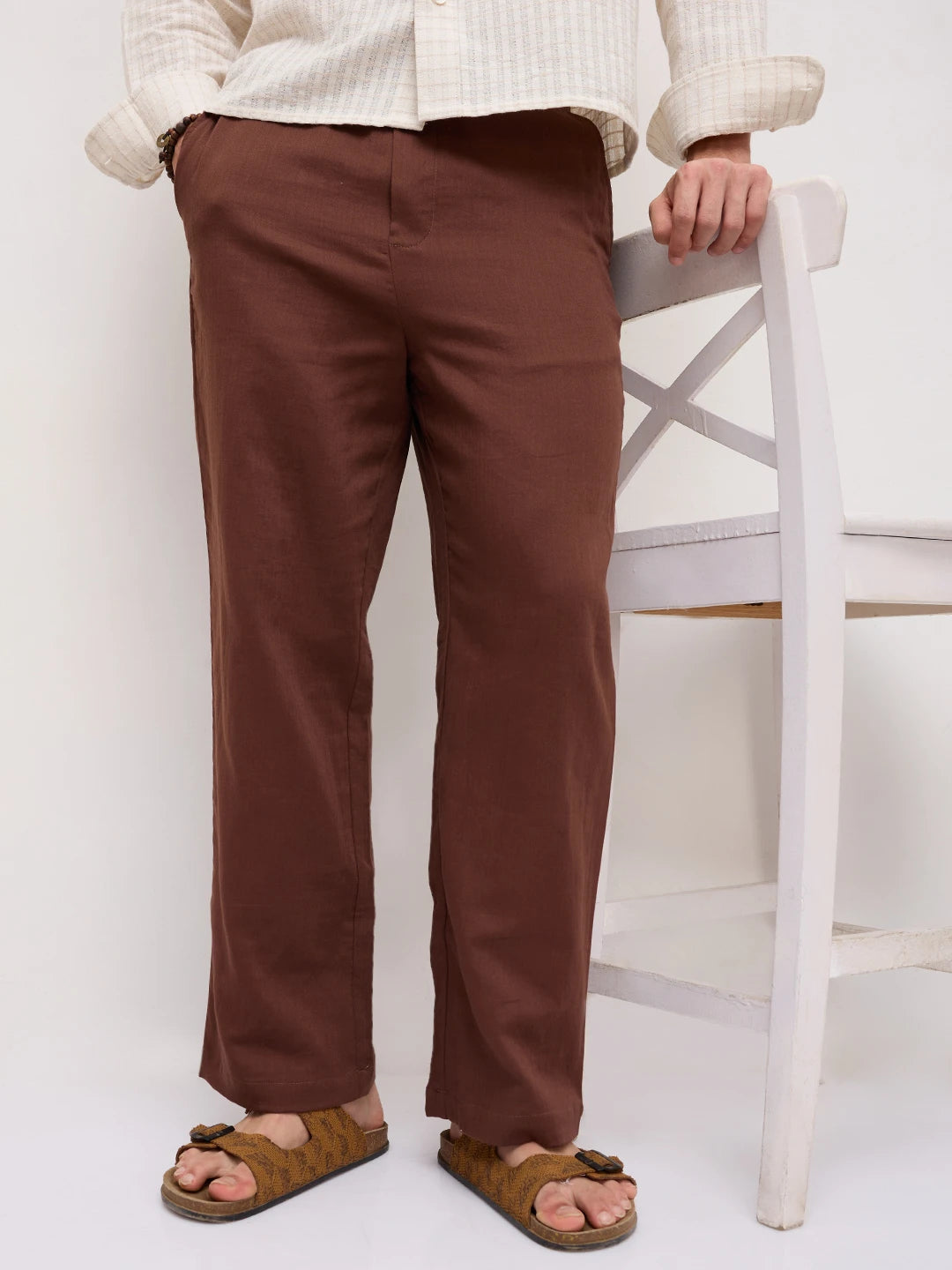 Coffee Brown Fine Herringbone Textured Straight Fit Trousers