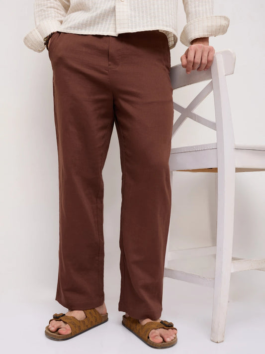 Coffee Brown Fine Herringbone Textured Straight Fit Trousers