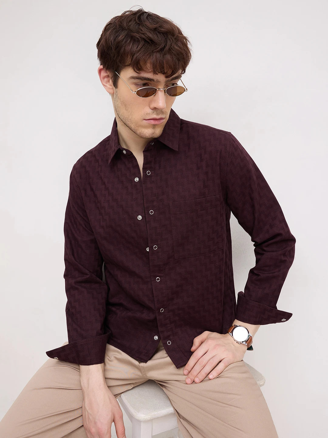 Rich Wine Maze Textured Straight Hem Crop Shirt