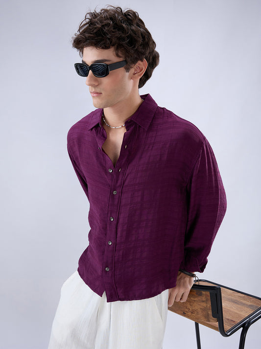 Deep Wine Horizontal Textured Oversized Crop Shirt