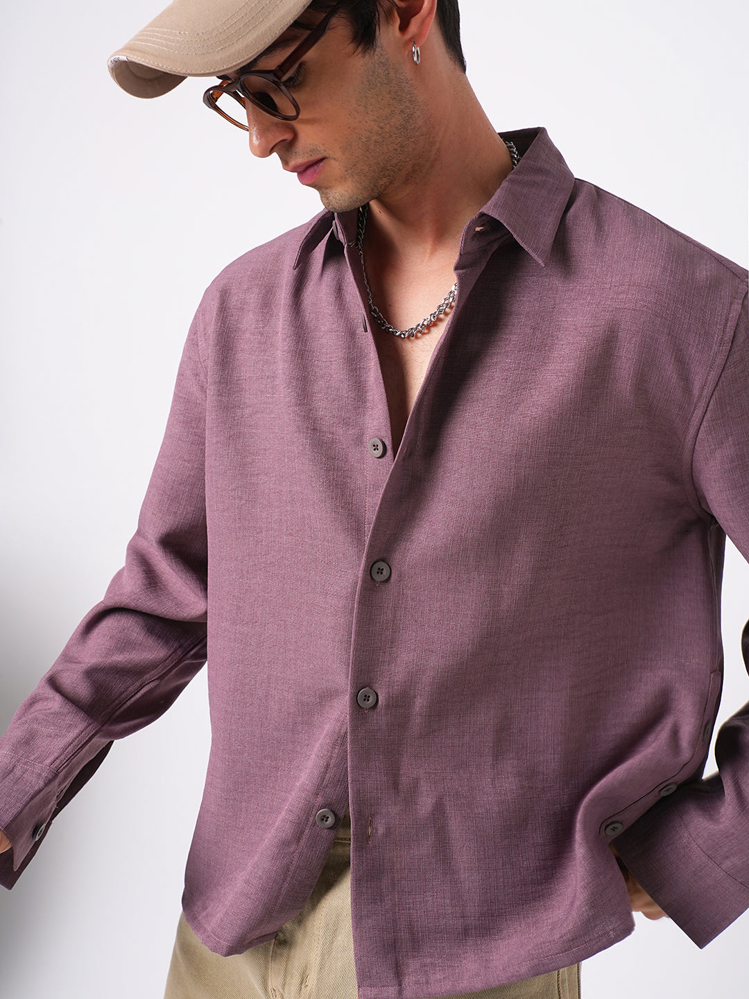 Duskwind Mauve Slub Oversized Side-Slit Button Crop Shirt