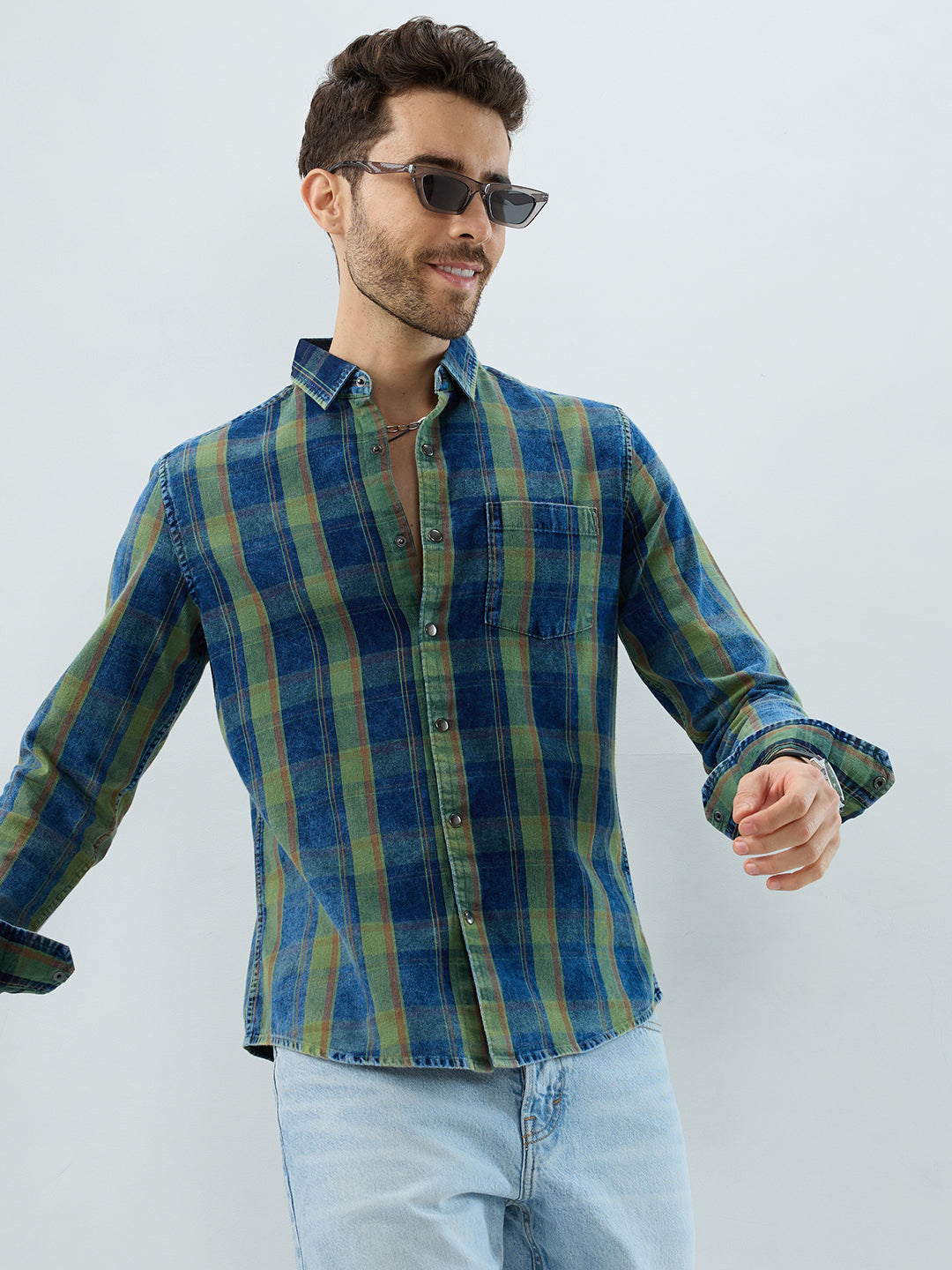 Versatile Navy & Green Denim Plaid Checks Shirt