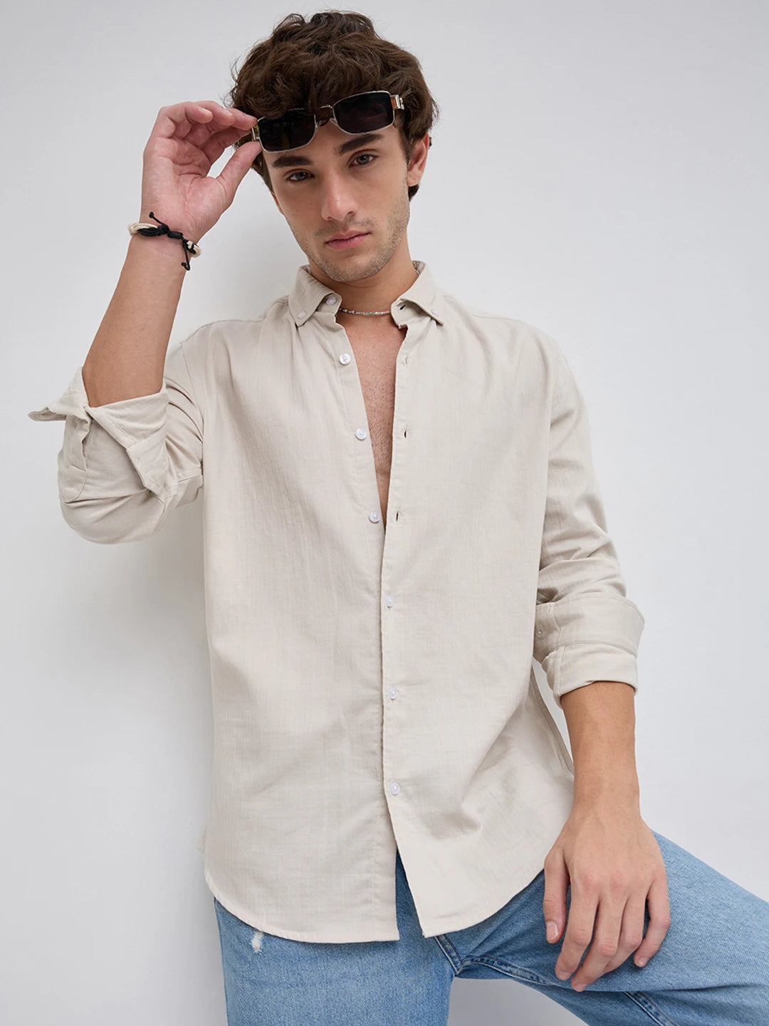 Creamy Beige Herringbone Textured Button-Down Shirt