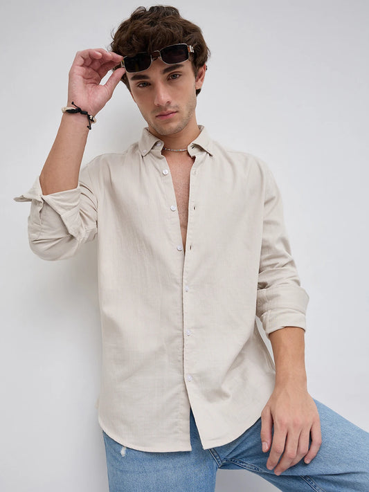 Creamy Beige Herringbone Textured Button-Down Shirt