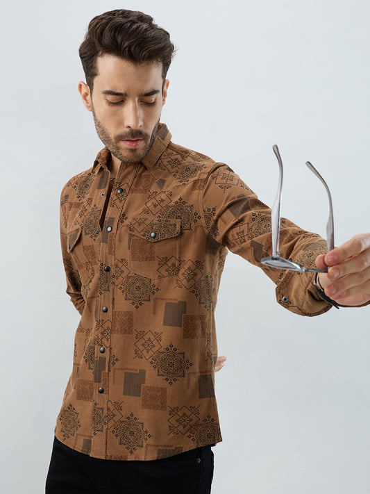 Russet Brown Royal Motif Heritage Twin Pocket Corduroy Shirt