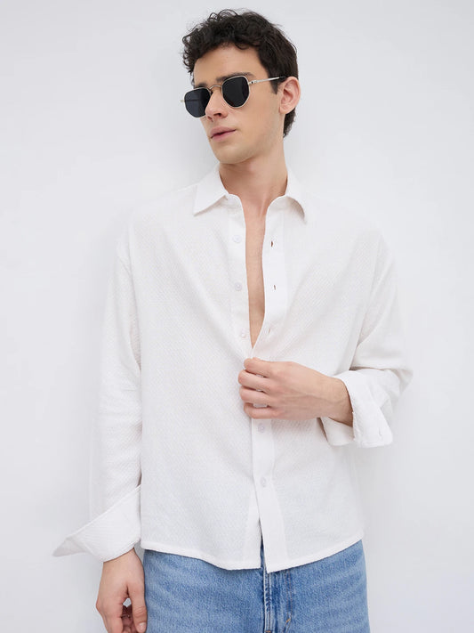 Frost White Diamond Textured Boxy Fit Crop Shirt