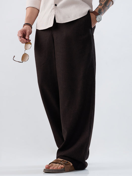 Brown Linen Blend Motif Printed Wide-Leg Trousers