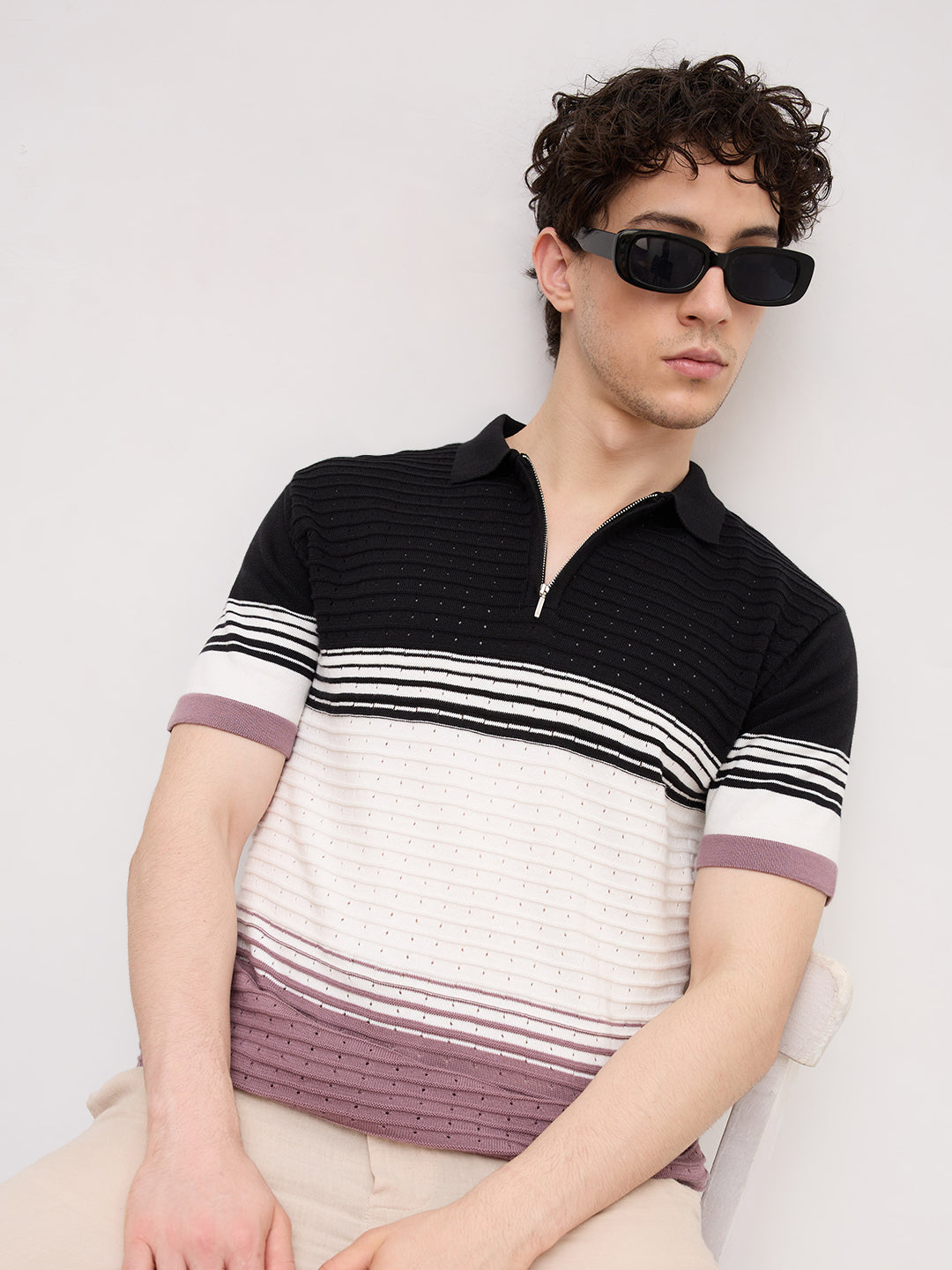 Twilight Horizon Panel Weave Zip Knit Polo T-Shirt