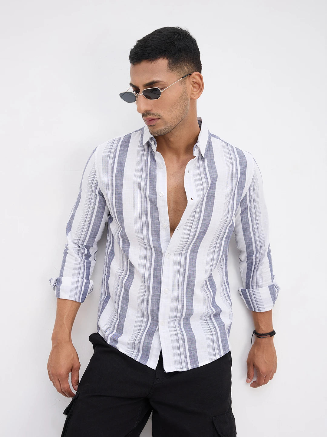 White & Navy Broad Striped Shirt