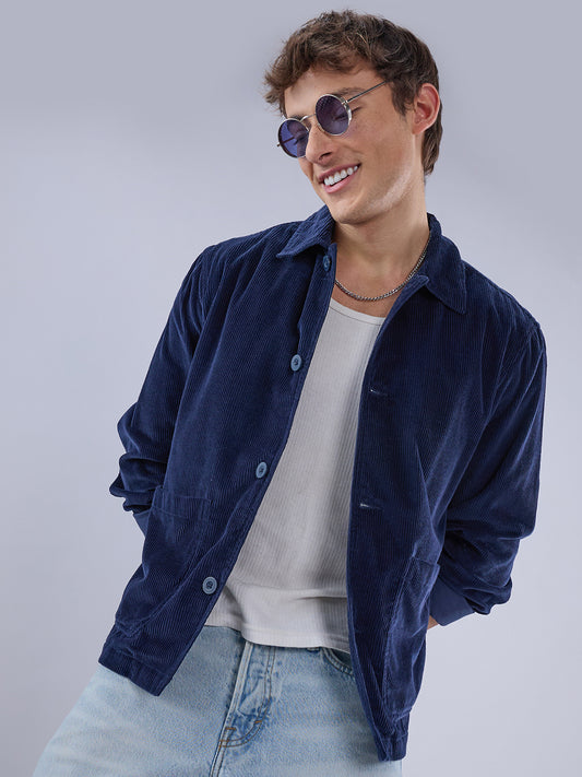 Exquisite Navy Corduroy Double Pocket Oversized Shacket