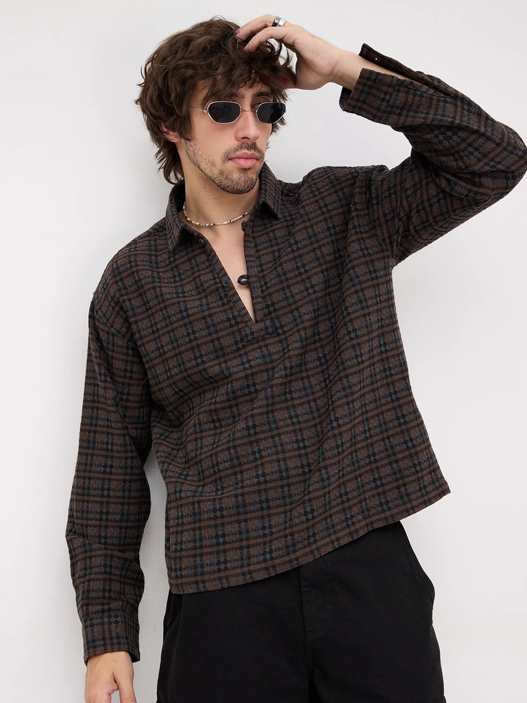 Luxe Brown Motif Panelled Loop Button Oversized Flannel Shirt