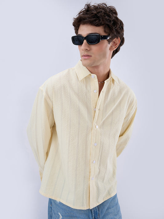 Lemon Yellow Seersucker Striped Boxy Fit Crop Shirt