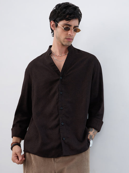 Premium Cocoa Motif Weave Linen Blend Stand-Collar Oversized Shirt