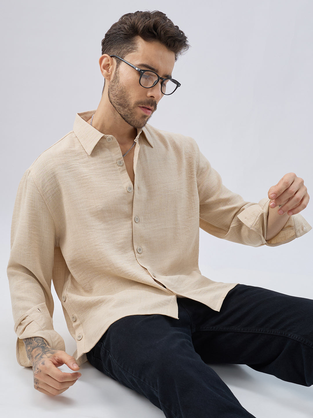 Soft Beige Slub Textured Oversized Side Slit Button Crop Shirt