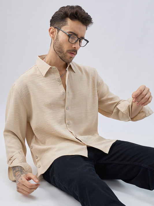 Soft Beige Slub Textured Oversized Side Slit Button Crop Shirt