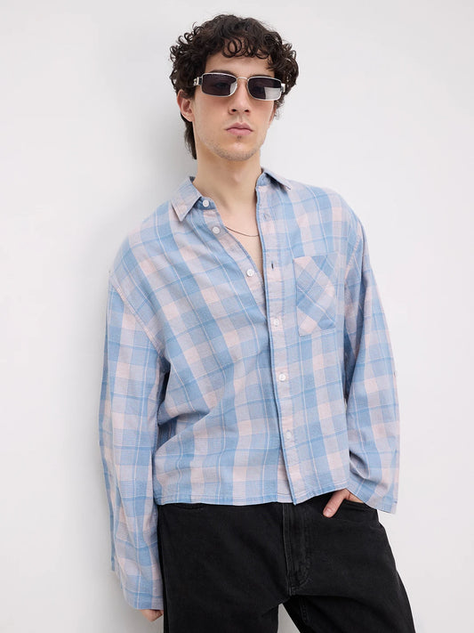 Luxe Denim Square Checks Cuffless Oversized Crop Shirt