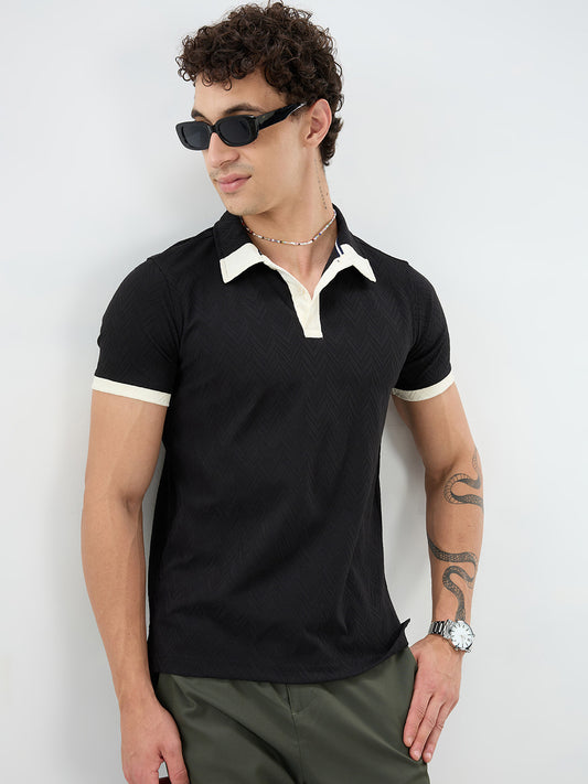 Rich Black Chevron Contrast Polo Neck T-shirt