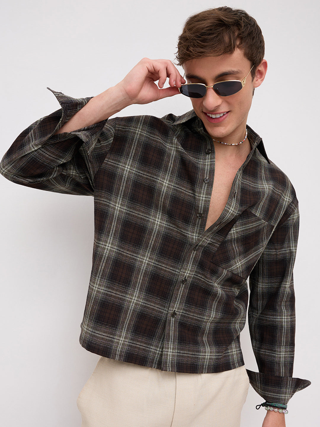 Brown & Mint Green Contrast Fine Checks Boxy Fit Crop Shirt