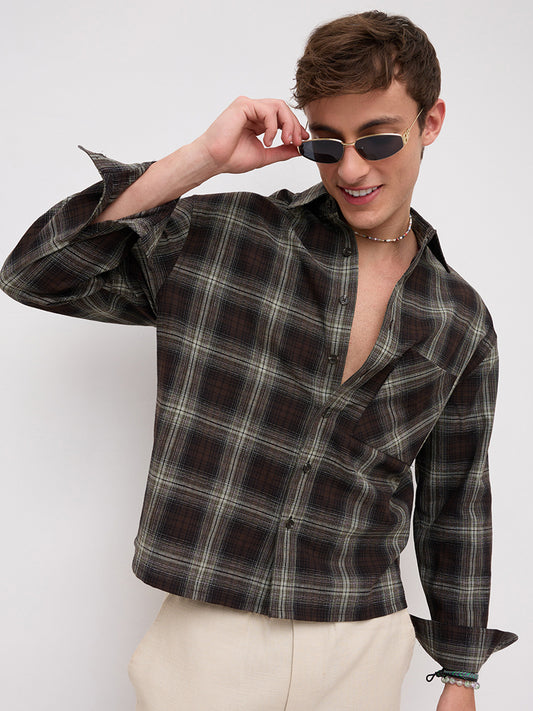 Brown & Mint Green Contrast Fine Checks Boxy Fit Crop Shirt