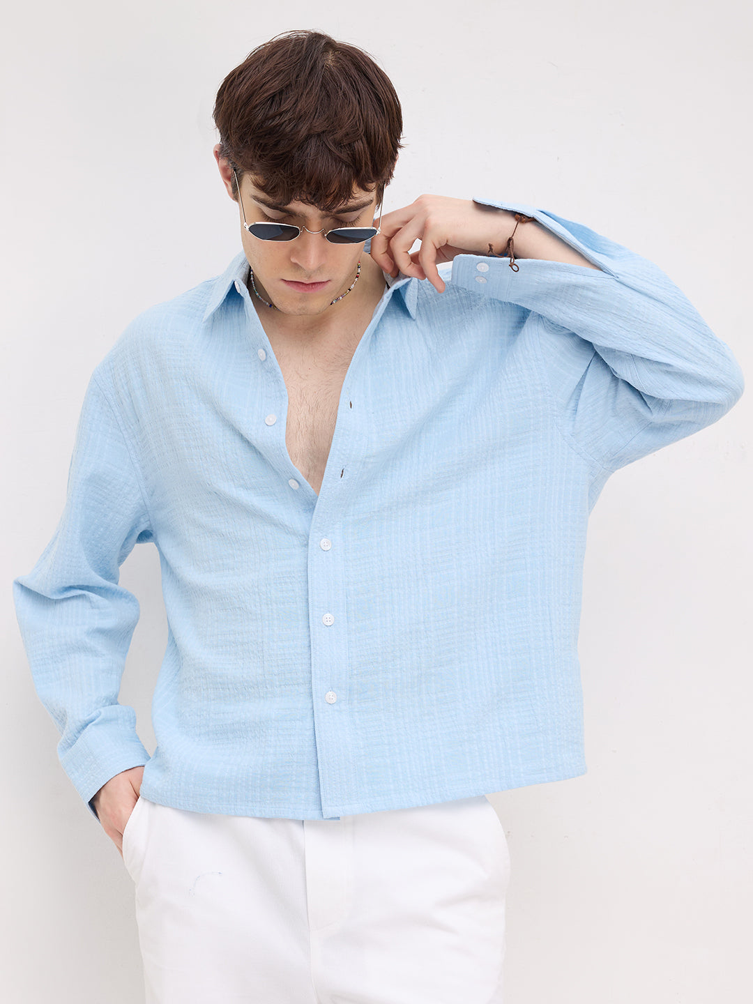 Ice Blue Geometrical Textured Boxy Fit Crop Shirt