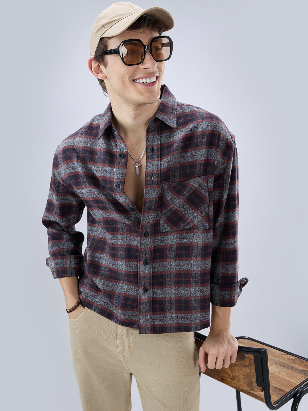 Brown & Black Boxy Fit Crop Flannel