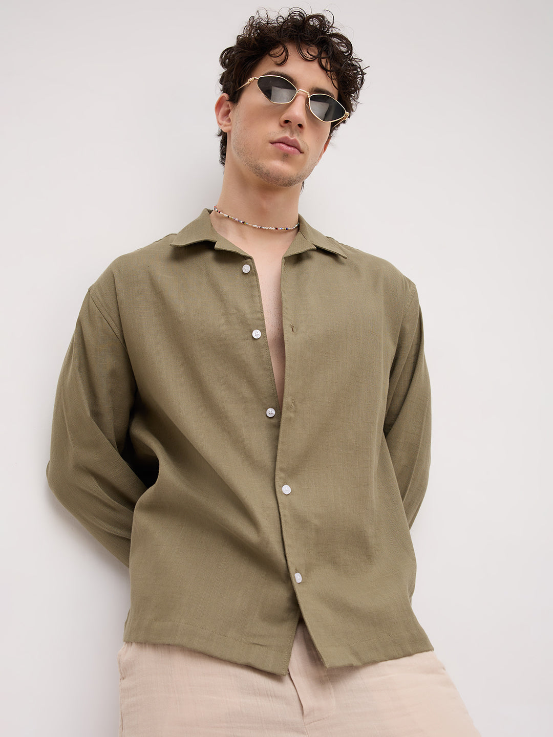 Olive Green Notch Collar Oversized Shirt