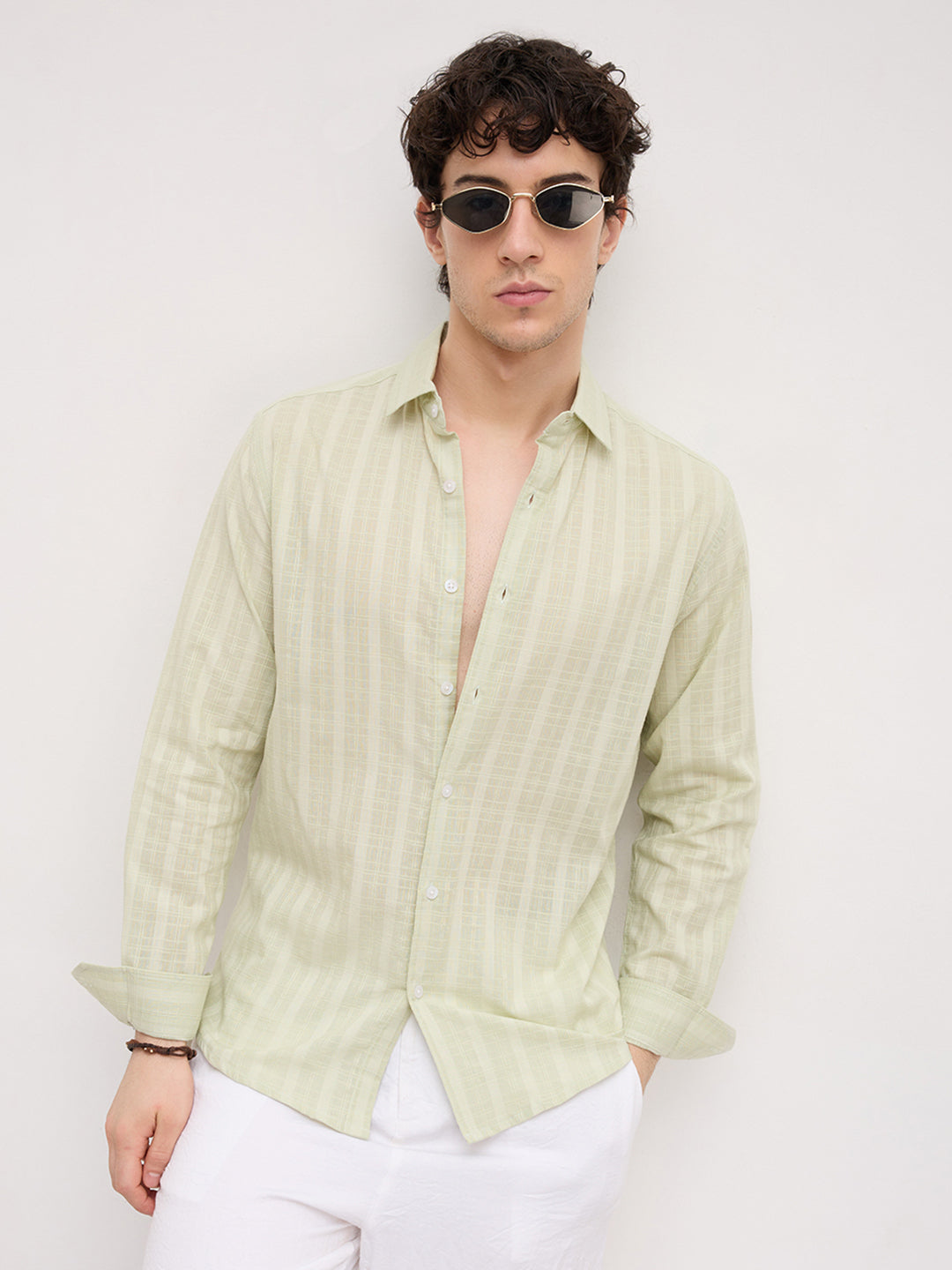 Pistachio Green Sheer Windowpane Checks Textured Weave Shirt