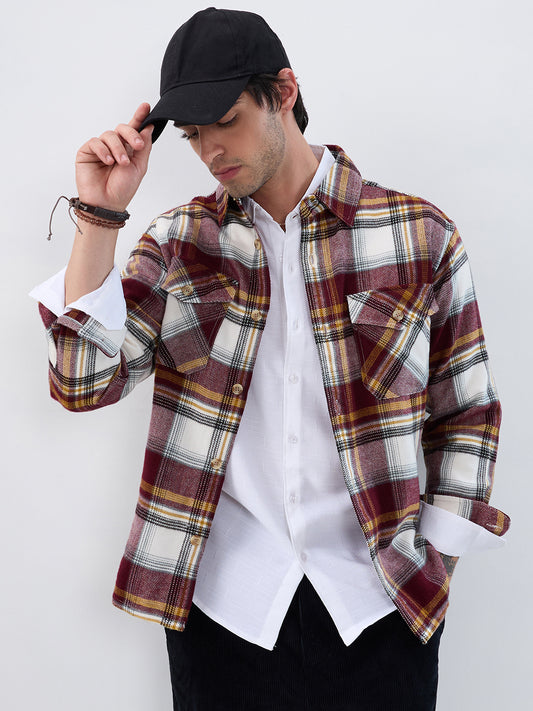 Cherry Red & White Checks Double Pocket Flannel Shirt