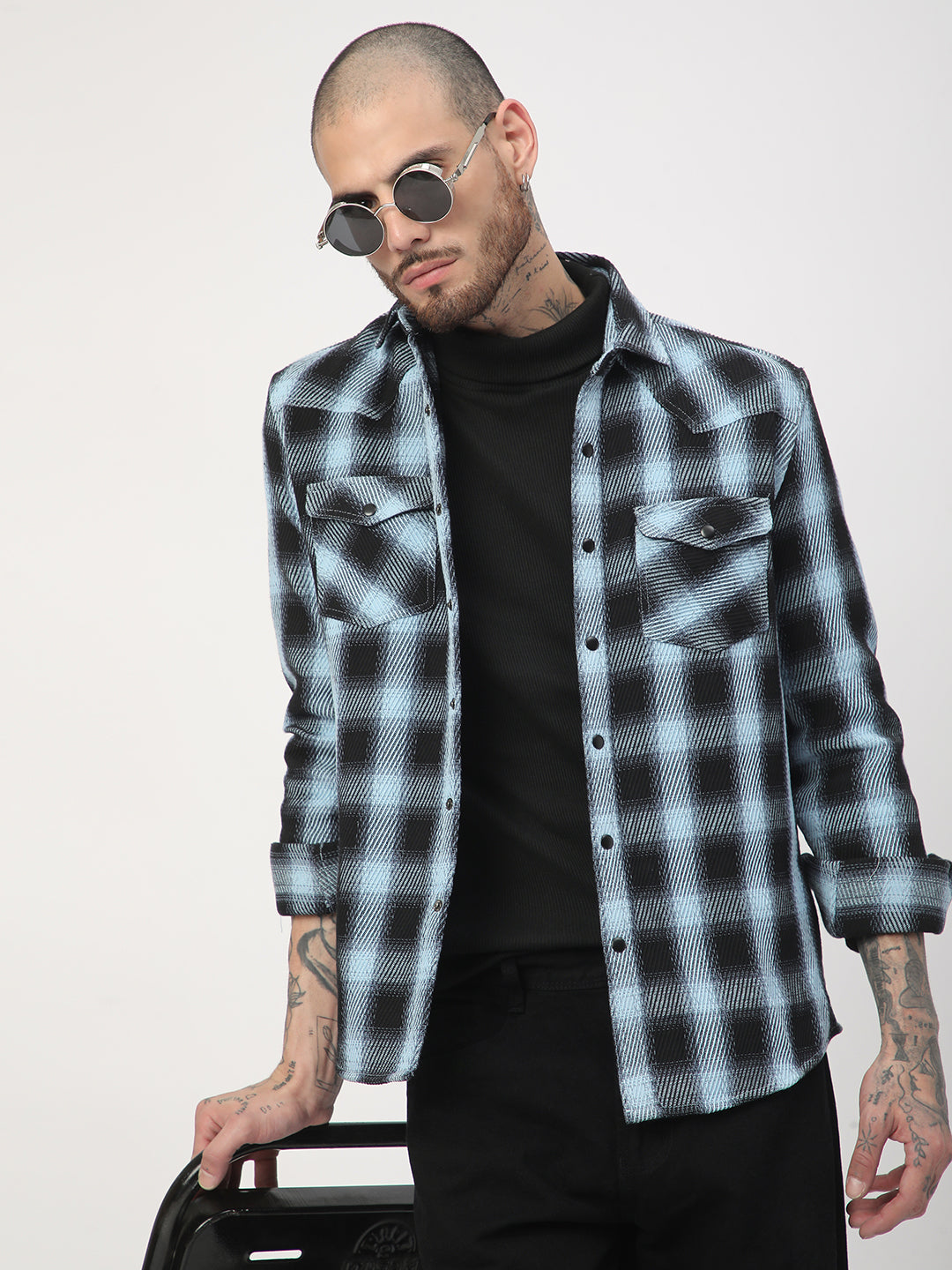 Black & Ice Blue Heavy Twill Checks Double Pocket Shirt