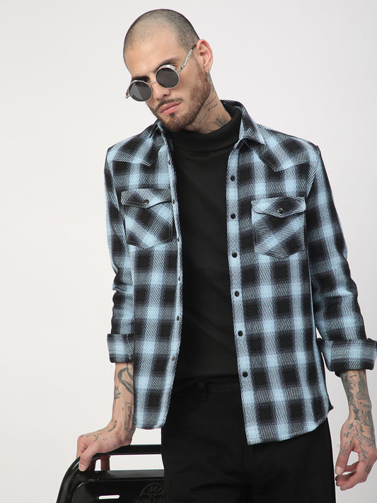 Black & Ice Blue Heavy Twill Checks Double Pocket Shirt